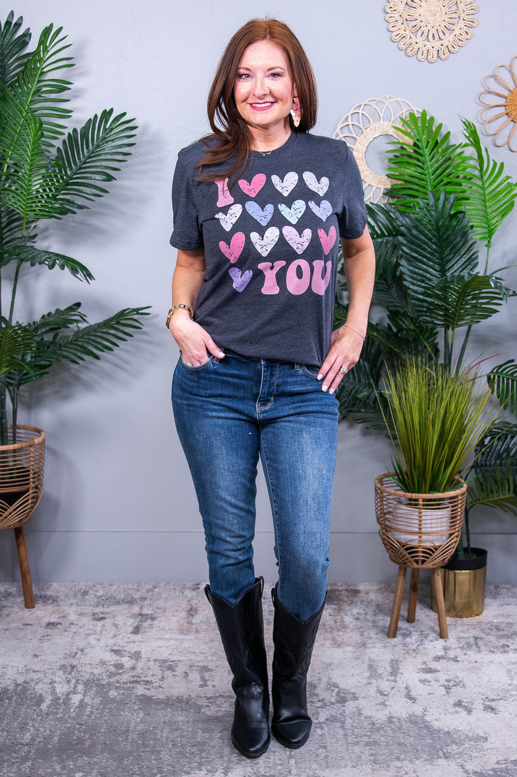 I Love You Dark Heather Gray Heart Printed Graphic Tee - A3922DHG