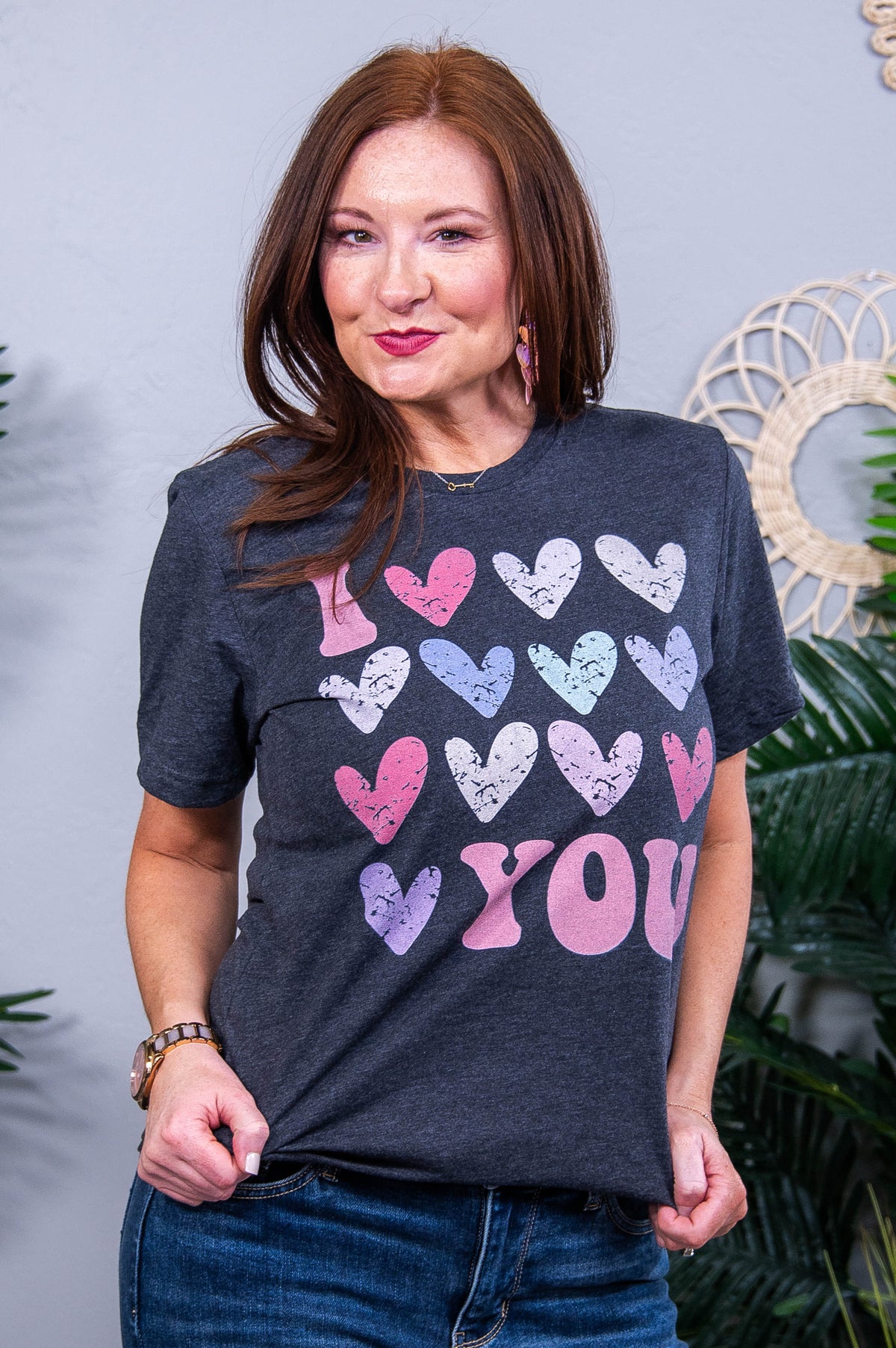 I Love You Dark Heather Gray Heart Printed Graphic Tee - A3922DHG