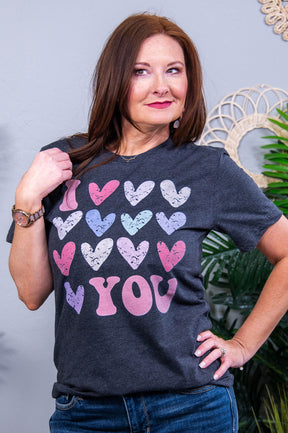 I Love You Dark Heather Gray Heart Printed Graphic Tee - A3922DHG