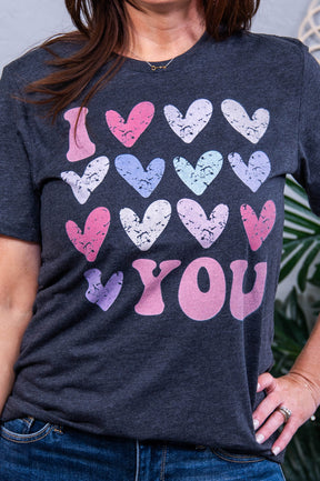 I Love You Dark Heather Gray Heart Printed Graphic Tee - A3922DHG