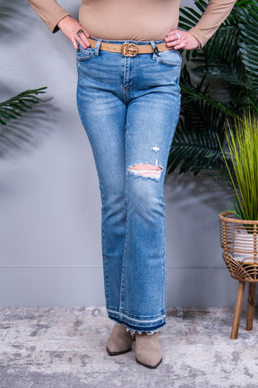 Isla Mid Rise Distressed Released Hem Bootcut Jeans