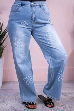 Eloise Light Denim Frayed Floral Embroidered Jeans - K1210LDN