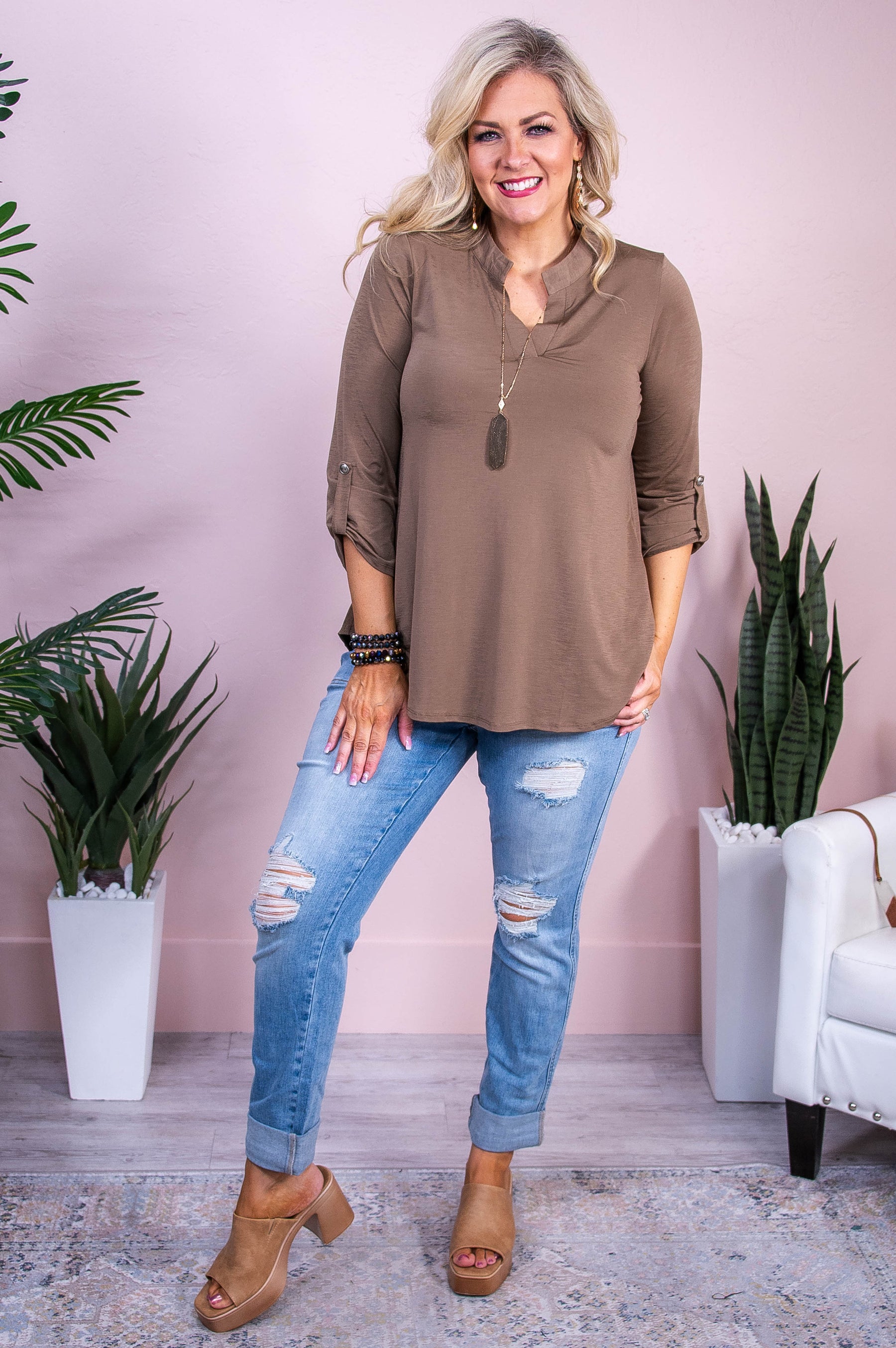 Happy Autumn Season Mocha Solid V Neck Top - T10263MO