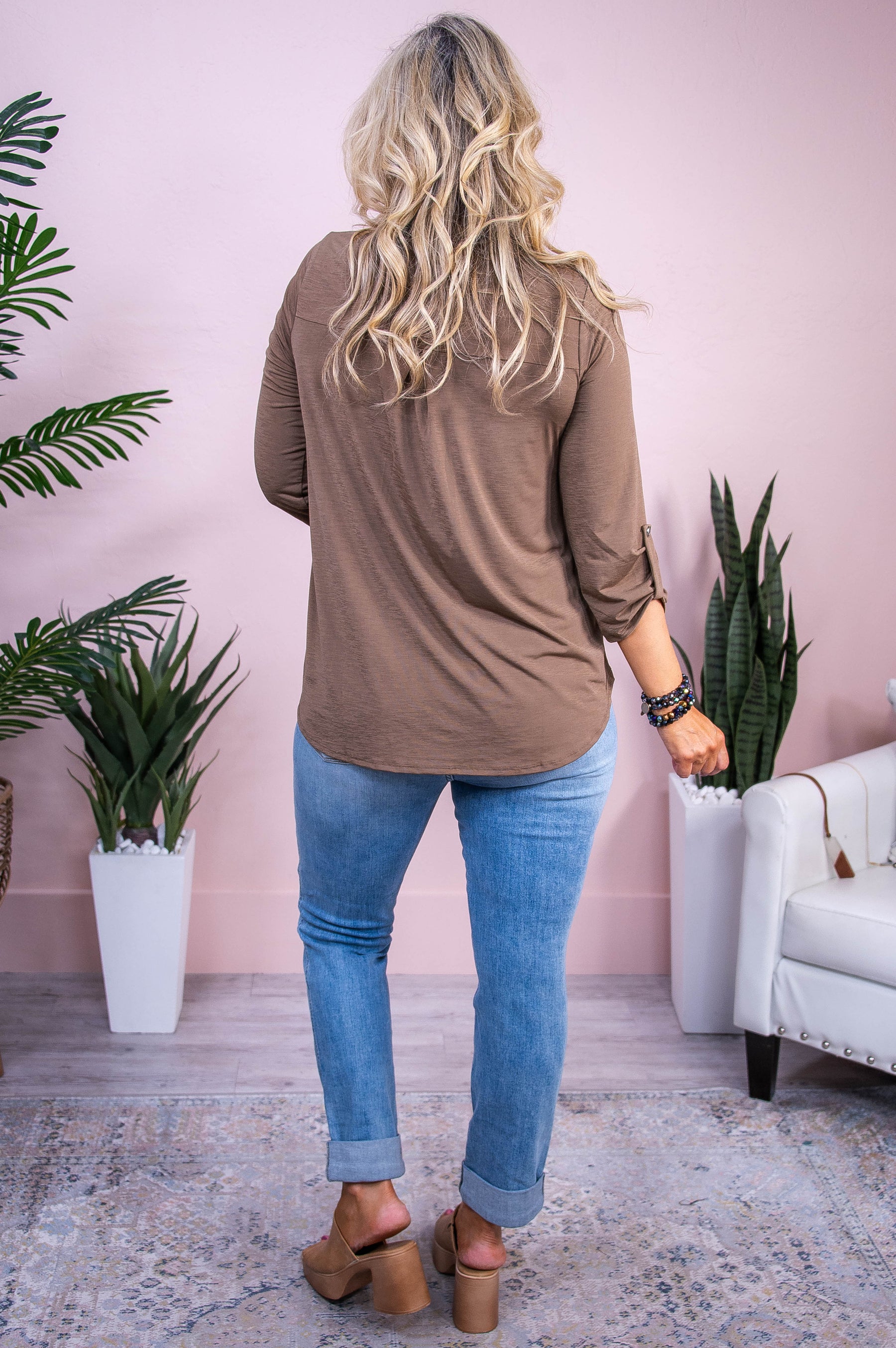 Happy Autumn Season Mocha Solid V Neck Top - T10263MO