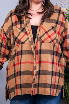 Is It Really Oversized Tan Plaid Button Up - O5725TN