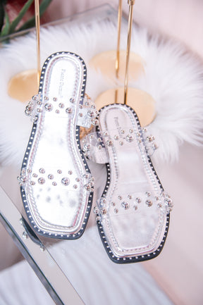 Flawless Appeal Silver/Clear Studded Slip-On Sandals - SHO2601SI