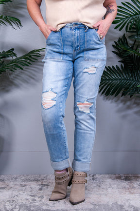 Aiden High Rise Patch Pocket Distressed Boyfriend Jeans