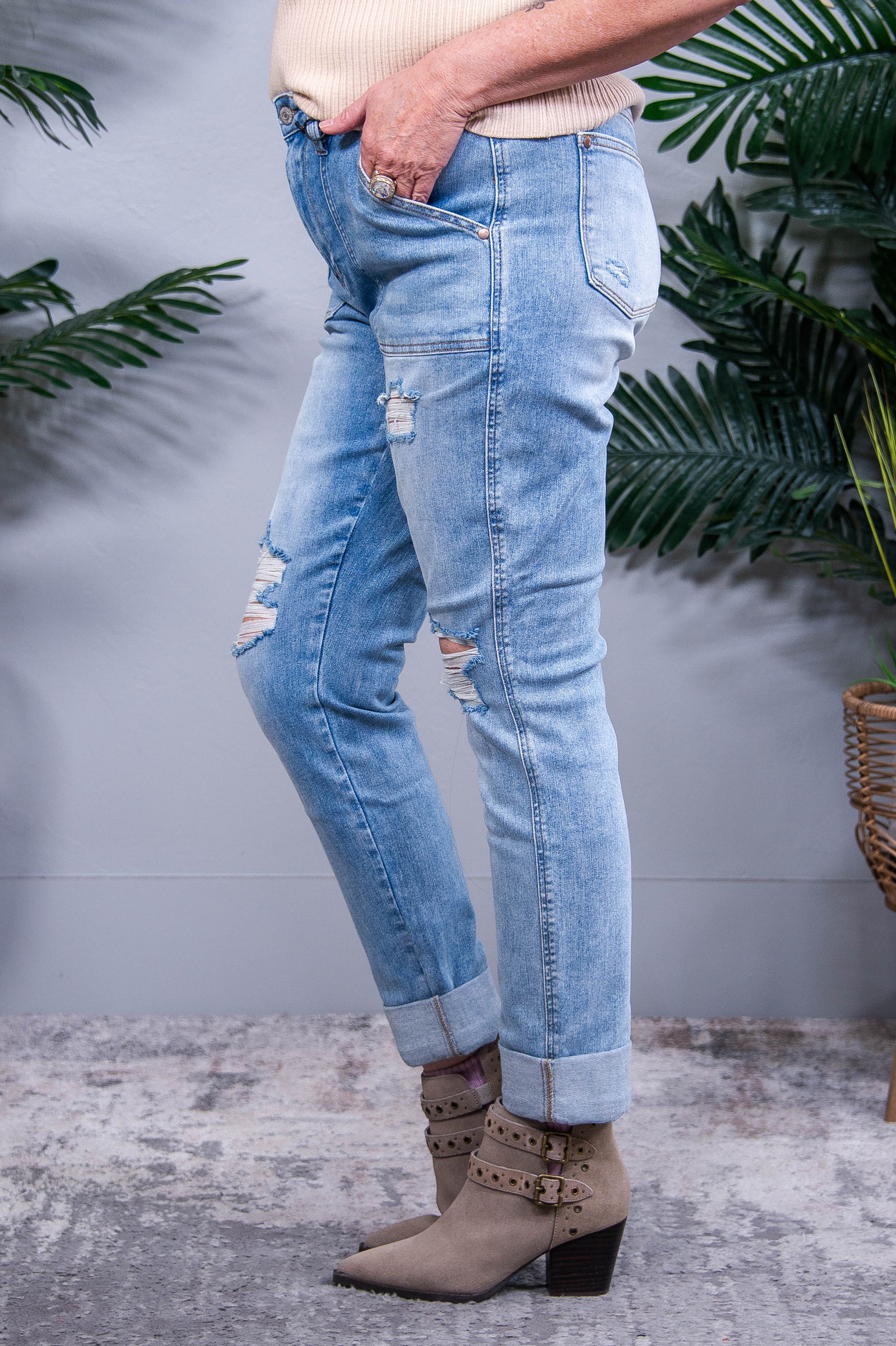 Aiden High Rise Patch Pocket Distressed Boyfriend Jeans