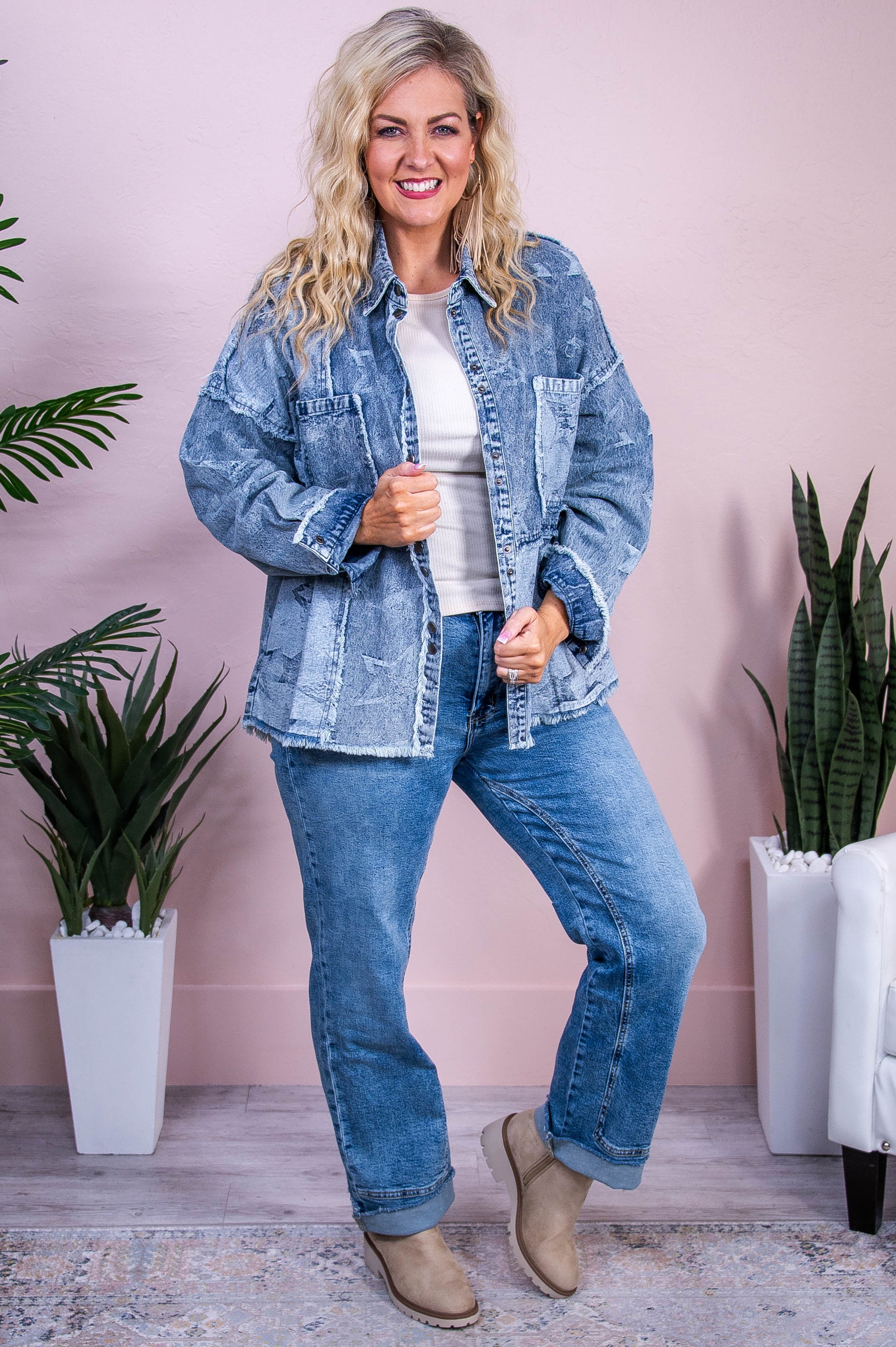 Dreamy Nights Medium Denim Distressed/Frayed Star Jacket - O5530MDN