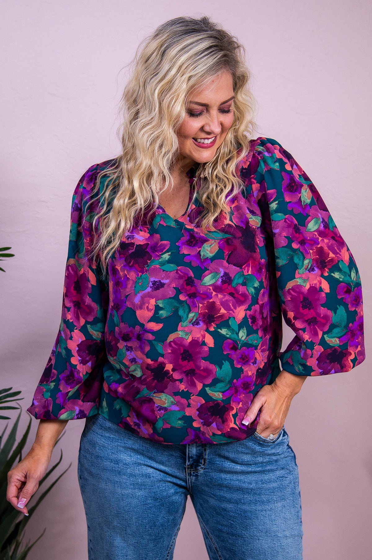 English Rose Hunter Green/Magenta Floral Top - T10266HGN