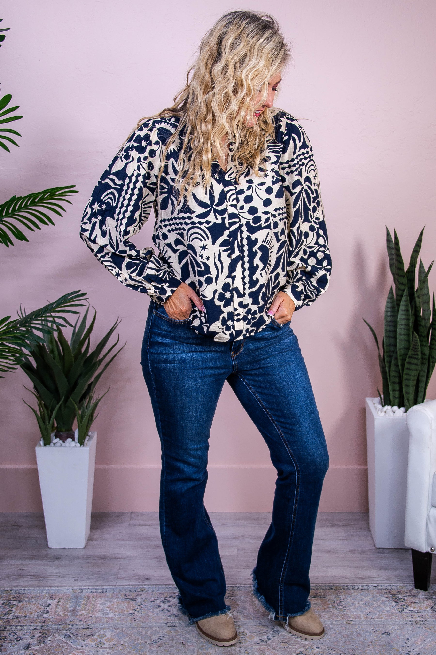 Autumn Petals Navy/Cream Multi Pattern Top - T10260NV