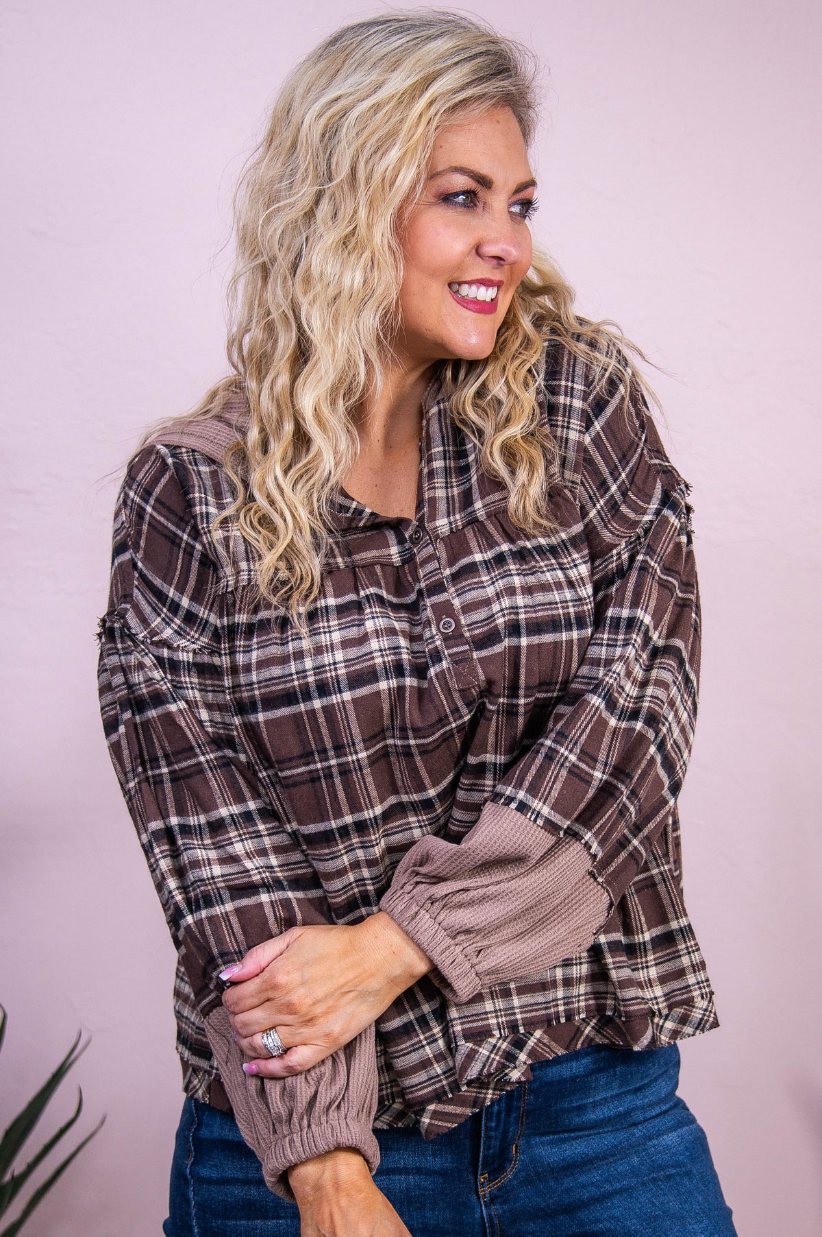 Loving Gaze Brown/Multi Color Plaid Hooded Top - T10262BR