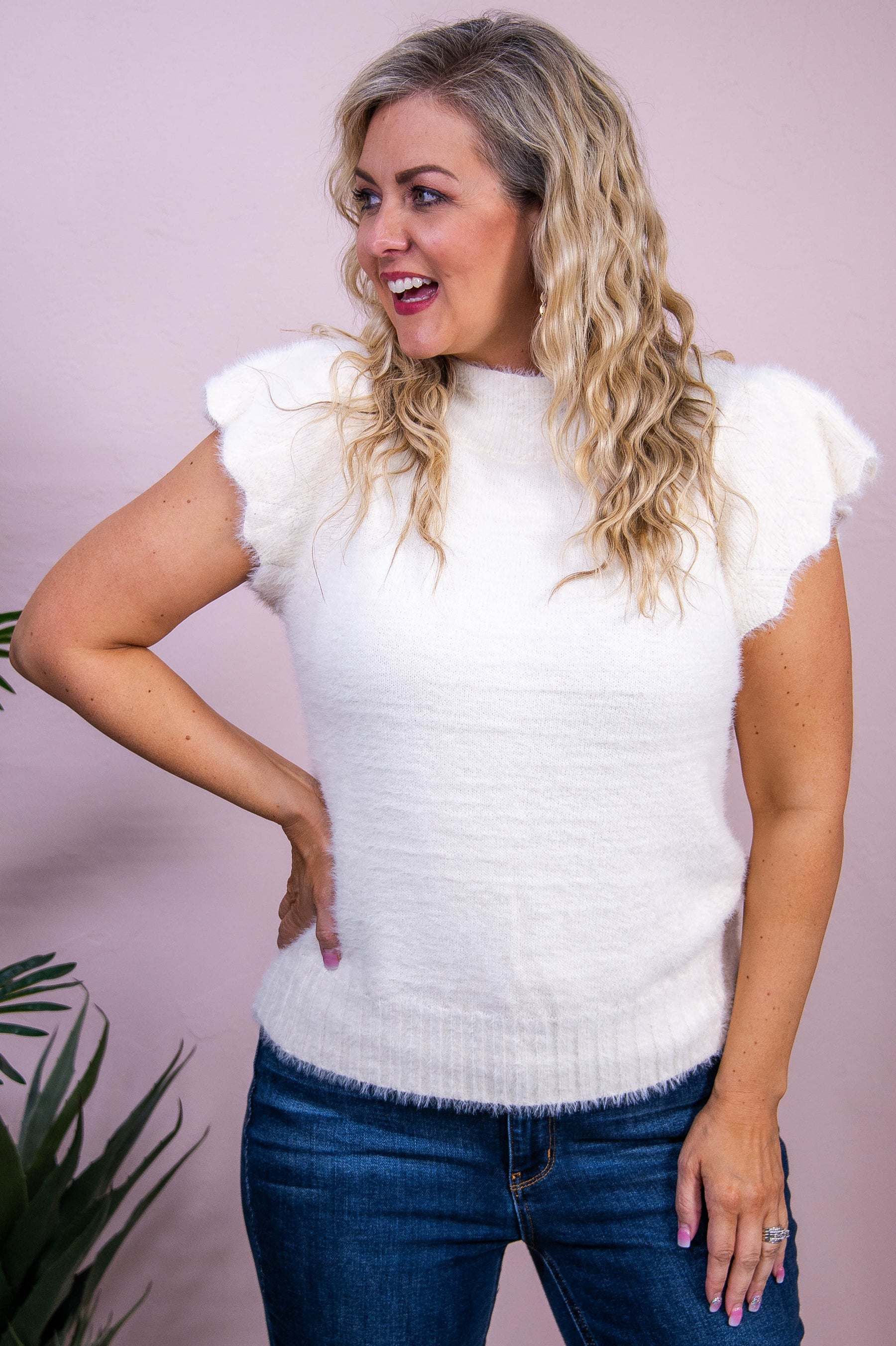 Vineyard Charm Ivory Solid Knitted Faux Fur Top - T10259IV