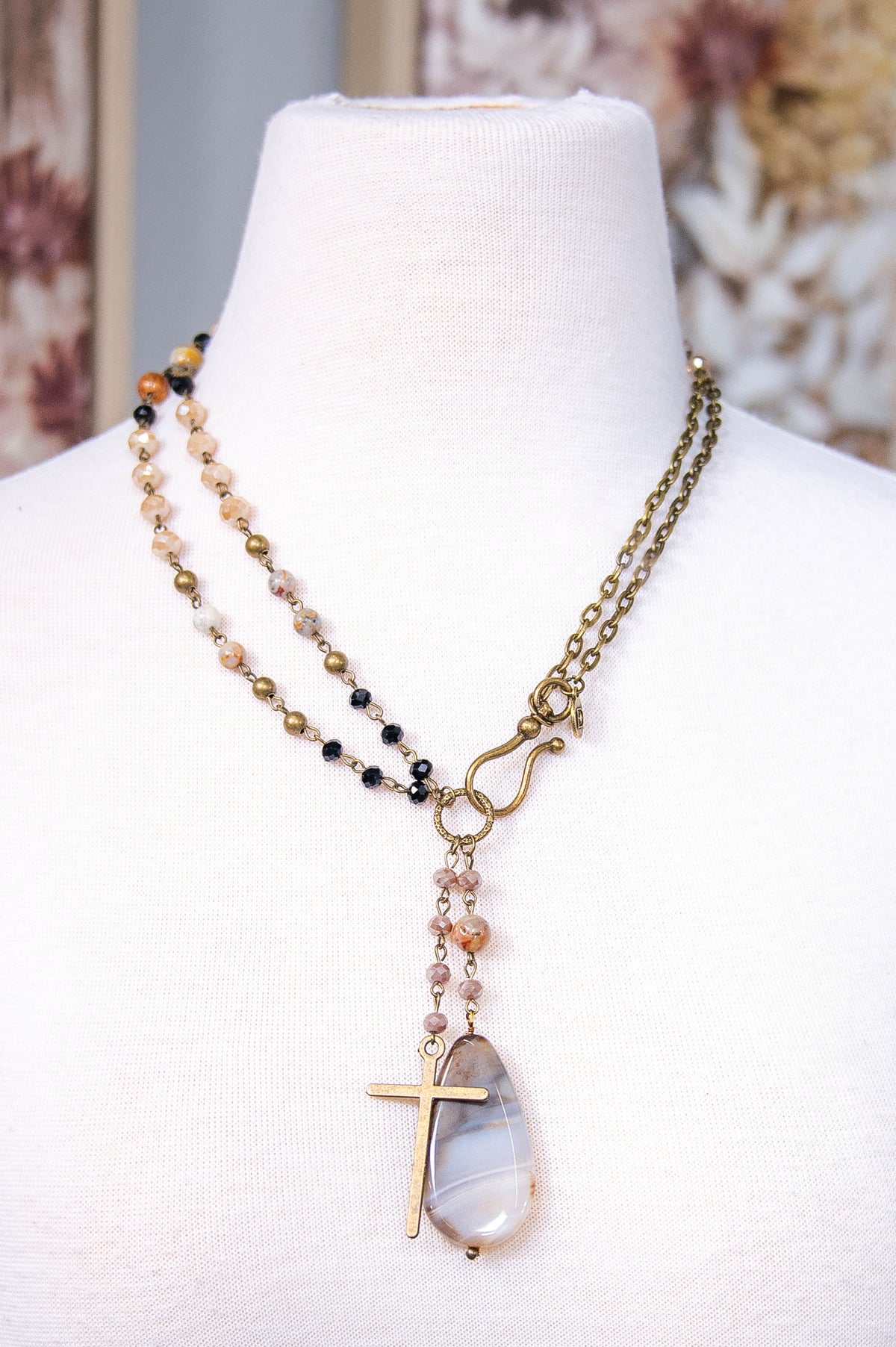 Brown Long Beaded Teardrop Stone/Bronze Cross Necklace - NEK4386BR