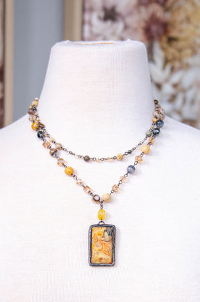 Brown Double Layered Beaded Rectangular Stone Pendant Necklace - NEK4387BR