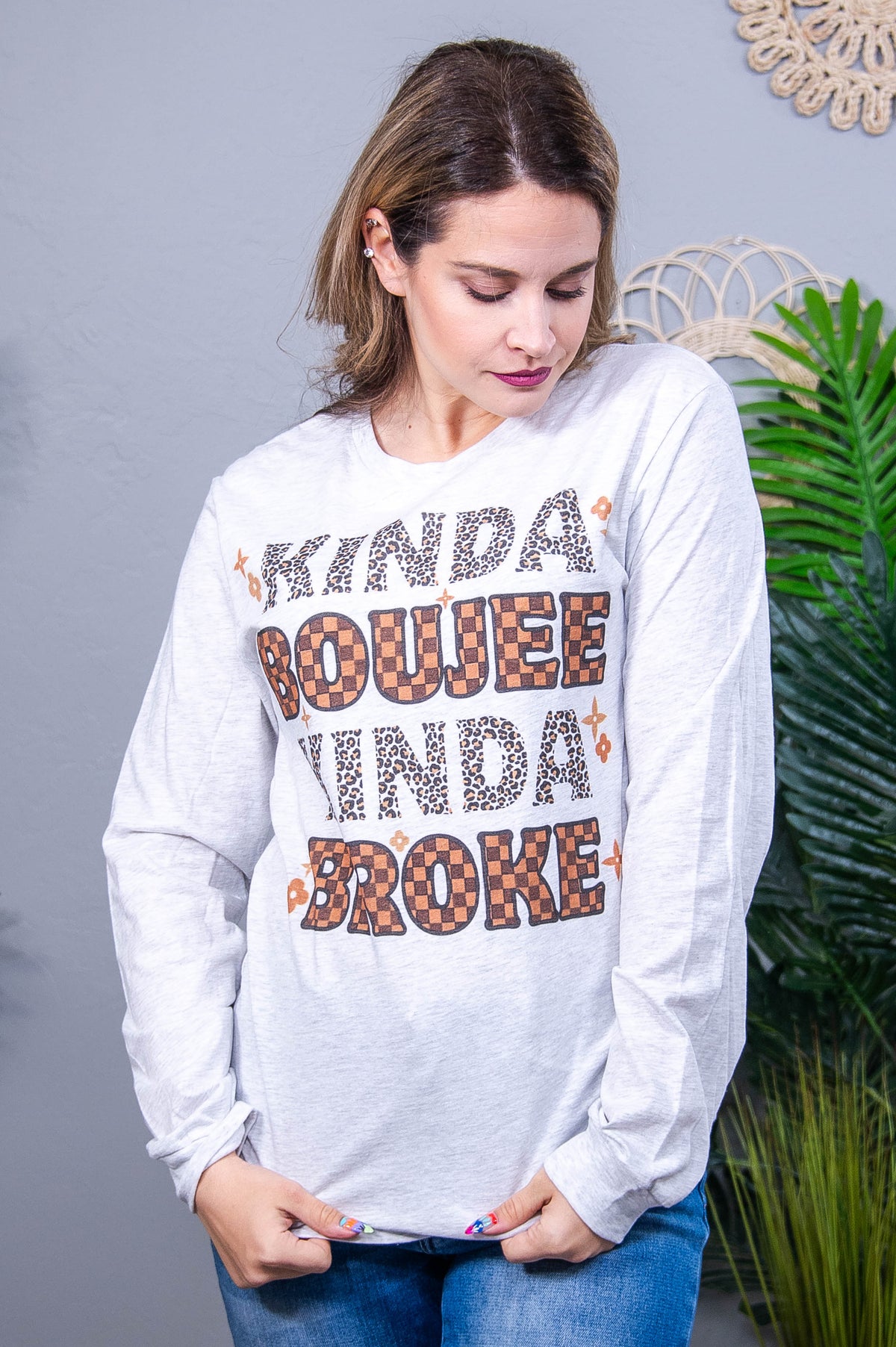 Kinda Boujee Kinda Broke Ash Long Sleeve Graphic Tee - A3934AH