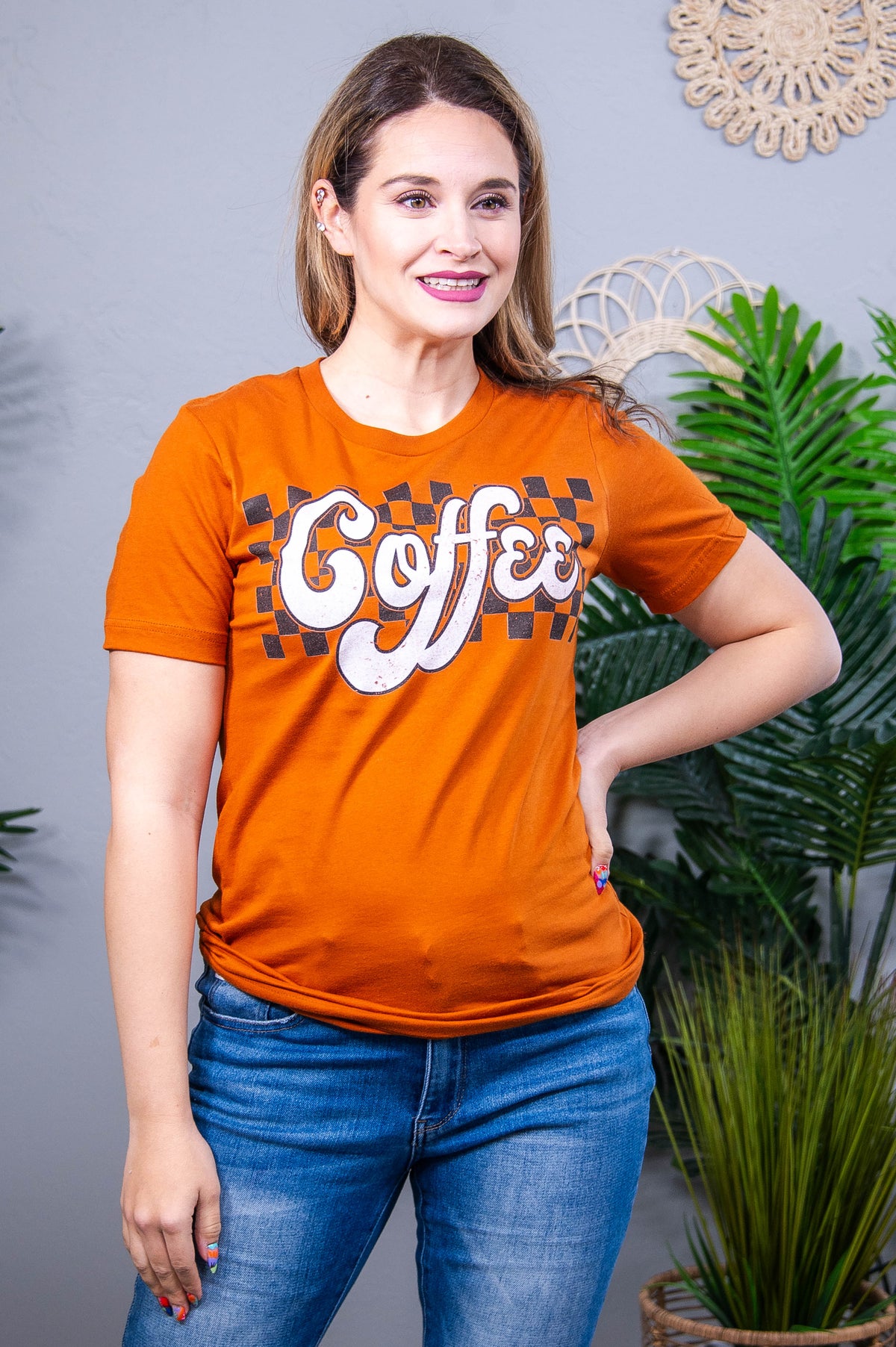 Coffee Autumn Checkered Graphic Tee - A3930AU