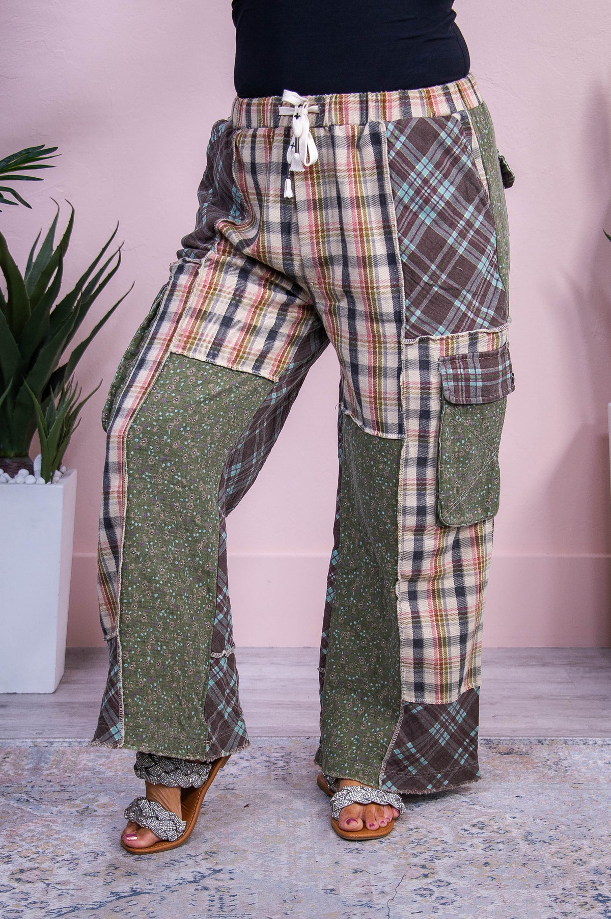 Cider Toasting Olive/Multi Color/Pattern Patchwork Pants - PNT1696OL