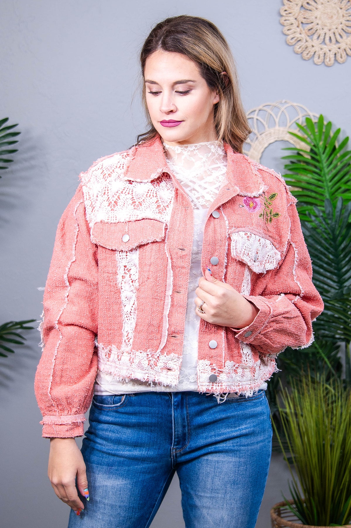 Outdoor Adventurer Pink Crocheted/Embroidered Jacket