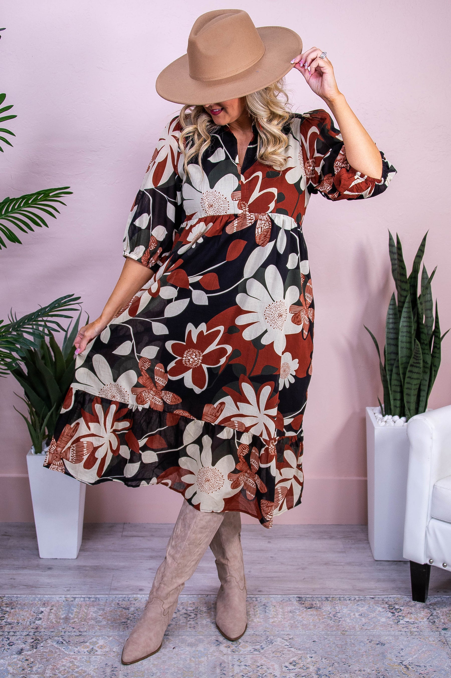 Finding Inner Peace Rust/Multi Color Floral Dress - D5510RU