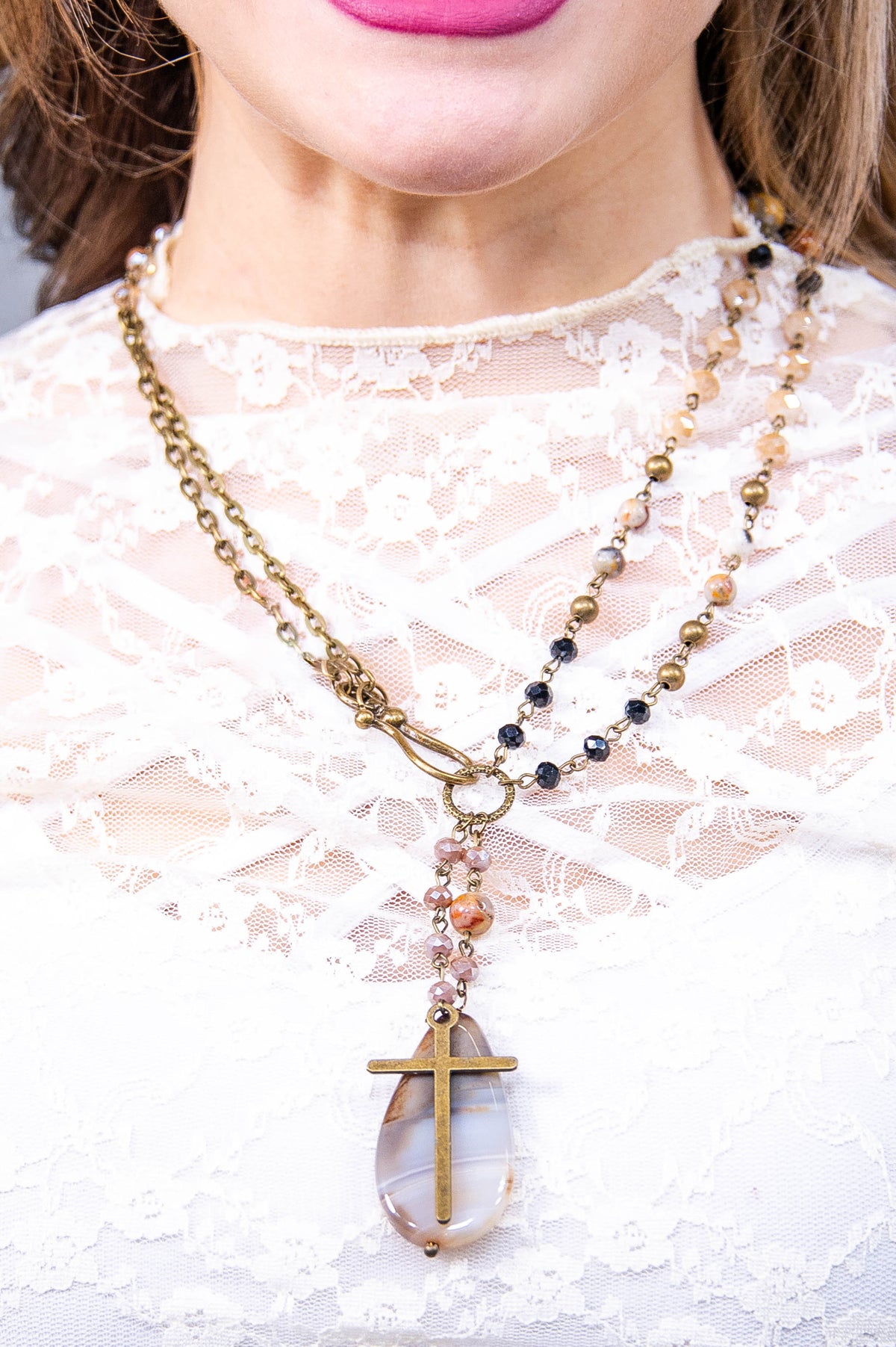 Brown Long Beaded Teardrop Stone/Bronze Cross Necklace - NEK4386BR