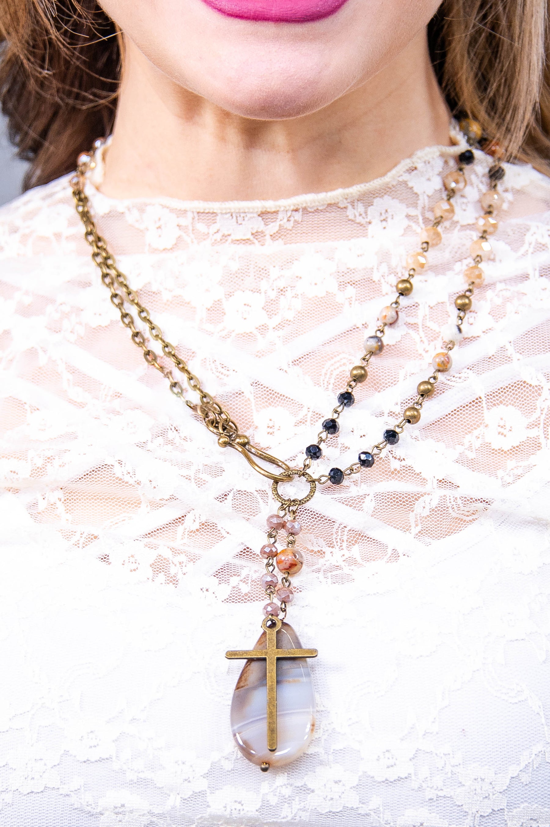 Brown Long Beaded Teardrop Stone/Bronze Cross Necklace - NEK4386BR