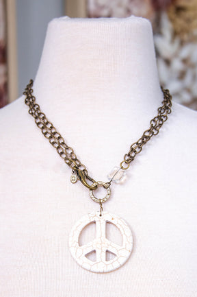 White Peace Sign Pendant Long Chain Link Necklace - NEK4384WH