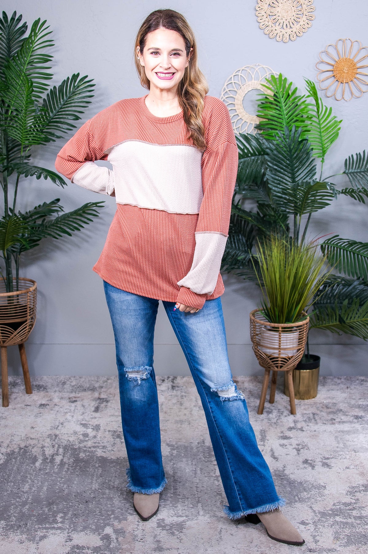 Never Stop Looking Ahead Vintage Rust/Taupe Colorblock Top - T10820VRS