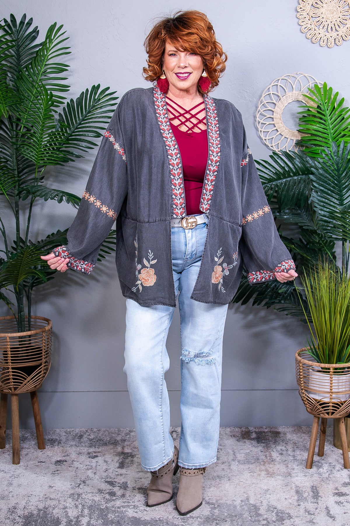 Always Stylish Black Denim Embroidered Kimono - O5708BK