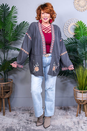 Always Stylish Black Denim Embroidered Kimono - O5708BK