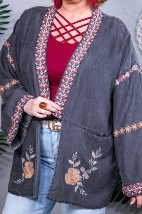 Always Stylish Black Denim Embroidered Kimono - O5708BK