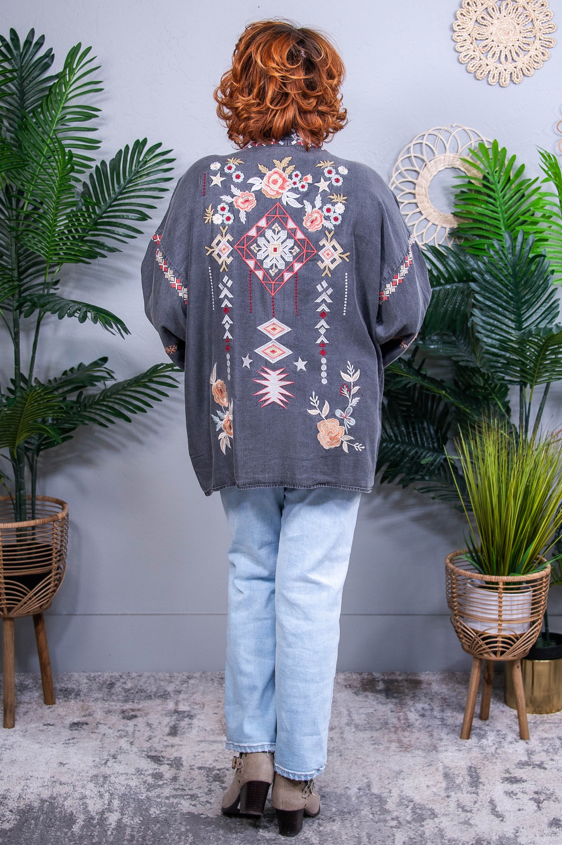 Always Stylish Black Denim Embroidered Kimono - O5708BK