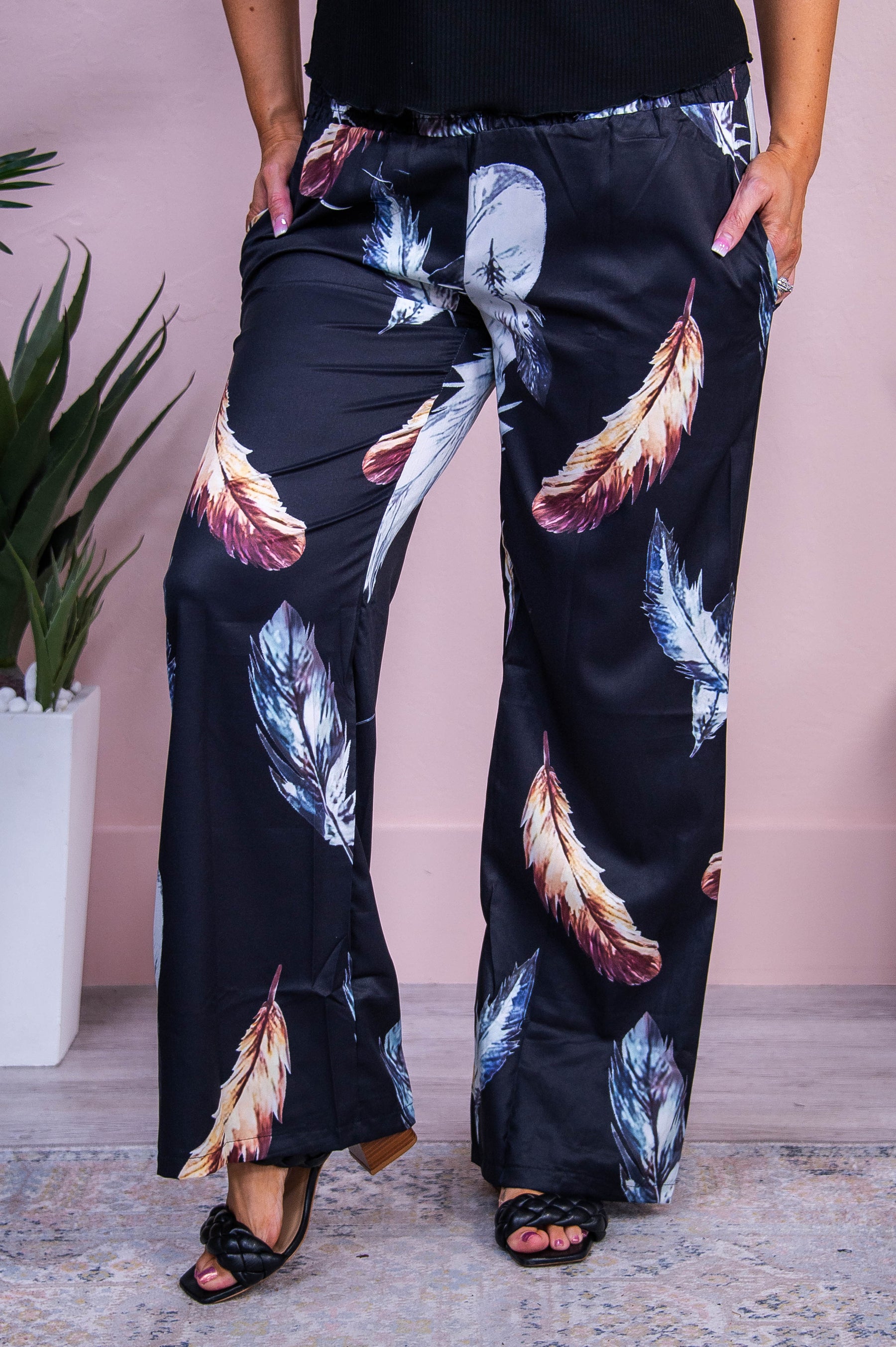 Hope Is A Thing With Feathers Black/Multi COlor Feather Pants - PNT1700BK