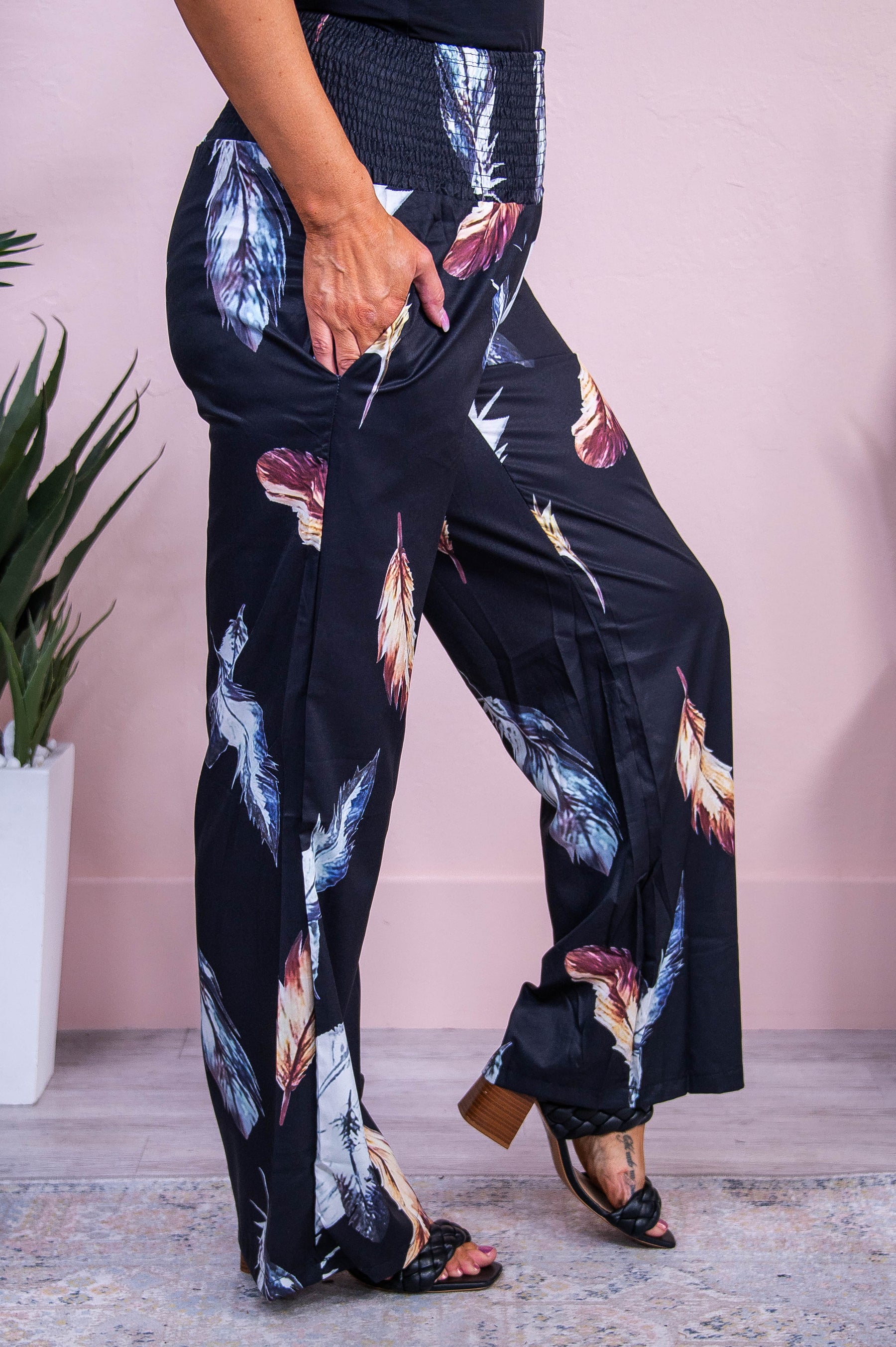 Hope Is A Thing With Feathers Black/Multi COlor Feather Pants - PNT1700BK