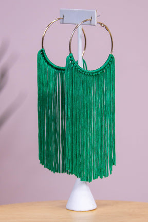 Long Green Tassel Gold Hoop Earrings - EAR4366GN