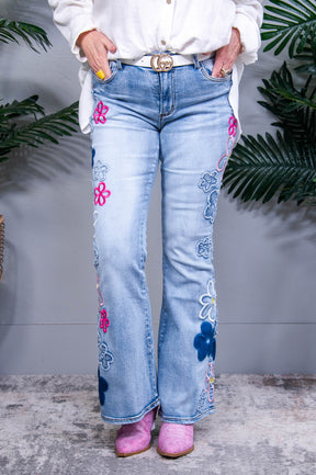 Groovy Baby  Light/Multi Color Floral Embroidered Denim Jeans - K1276DN