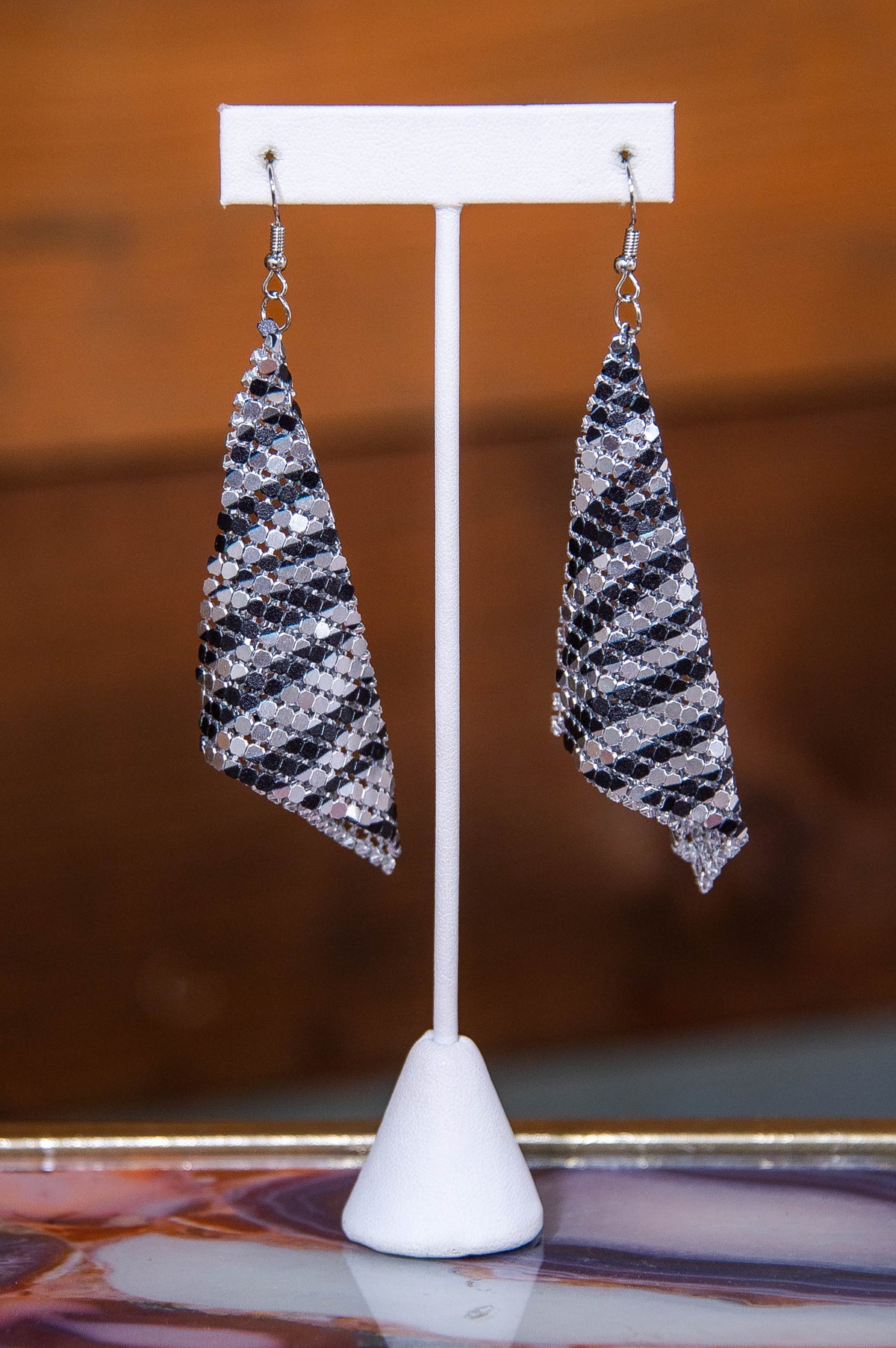 Silver/Black Printed Mesh Square Drop Earrings - EAR4473SI