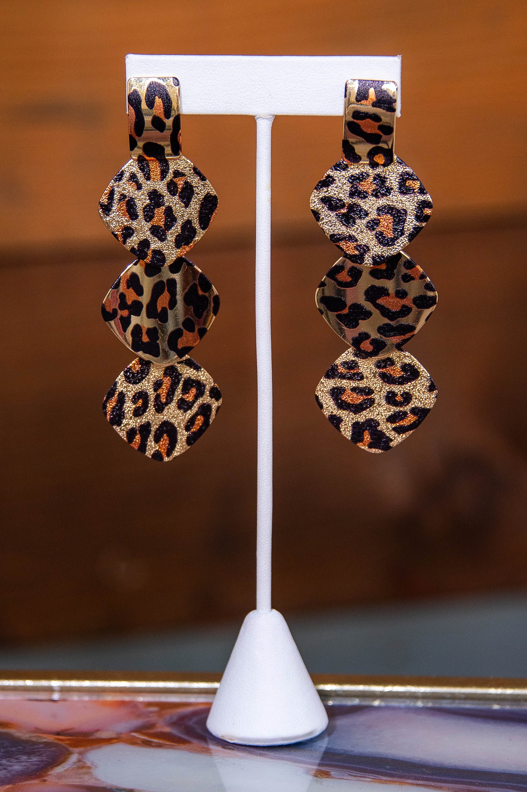 Gold Printed Square Linked Drop Earrings - EAR4471GD