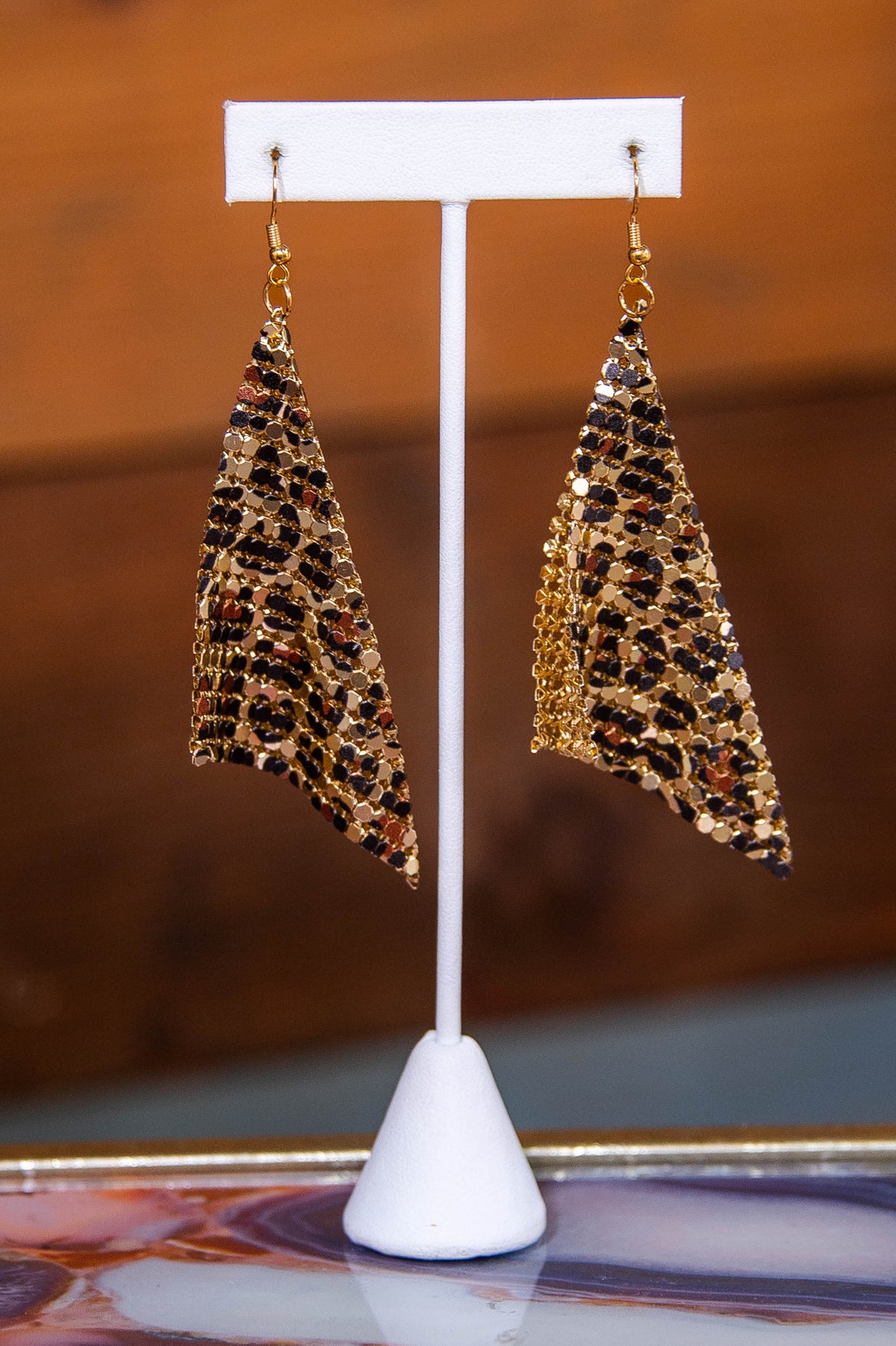 Gold/Brown Printed Mesh Square Drop Earrings - EAR4474GD