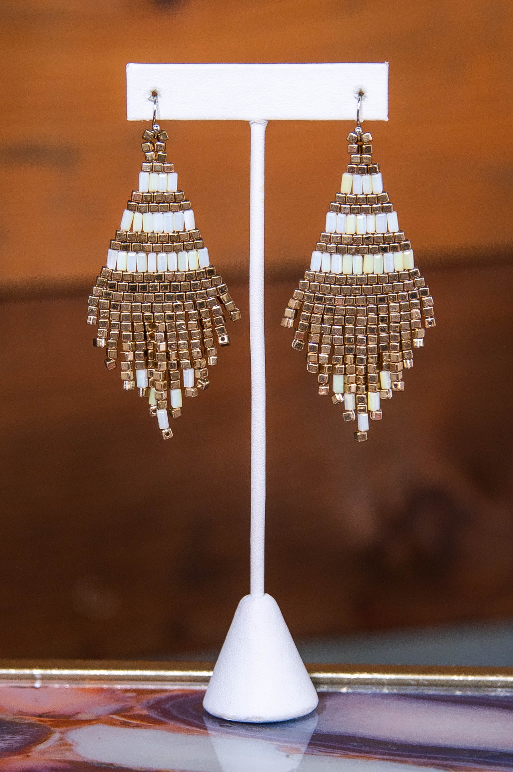 Gold/White Metallic Cube Bead Tassel Earrings - EAR4467GD