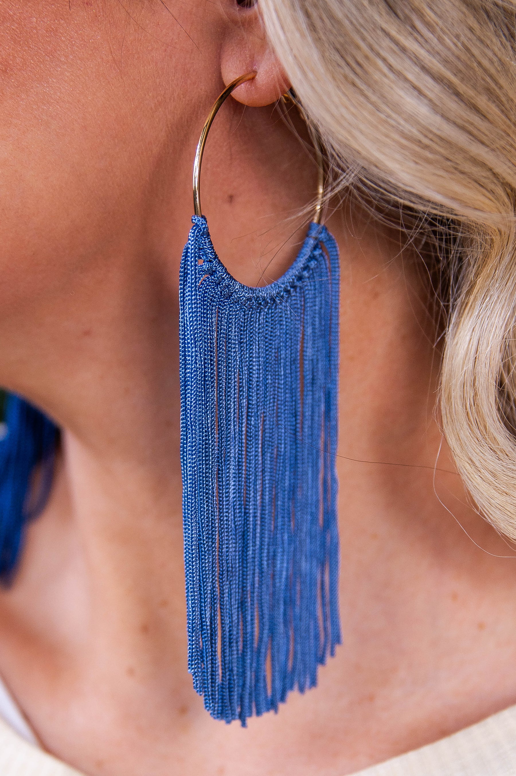 Long Blue Tassel Gold Hoop Earrings - EAR4374BL