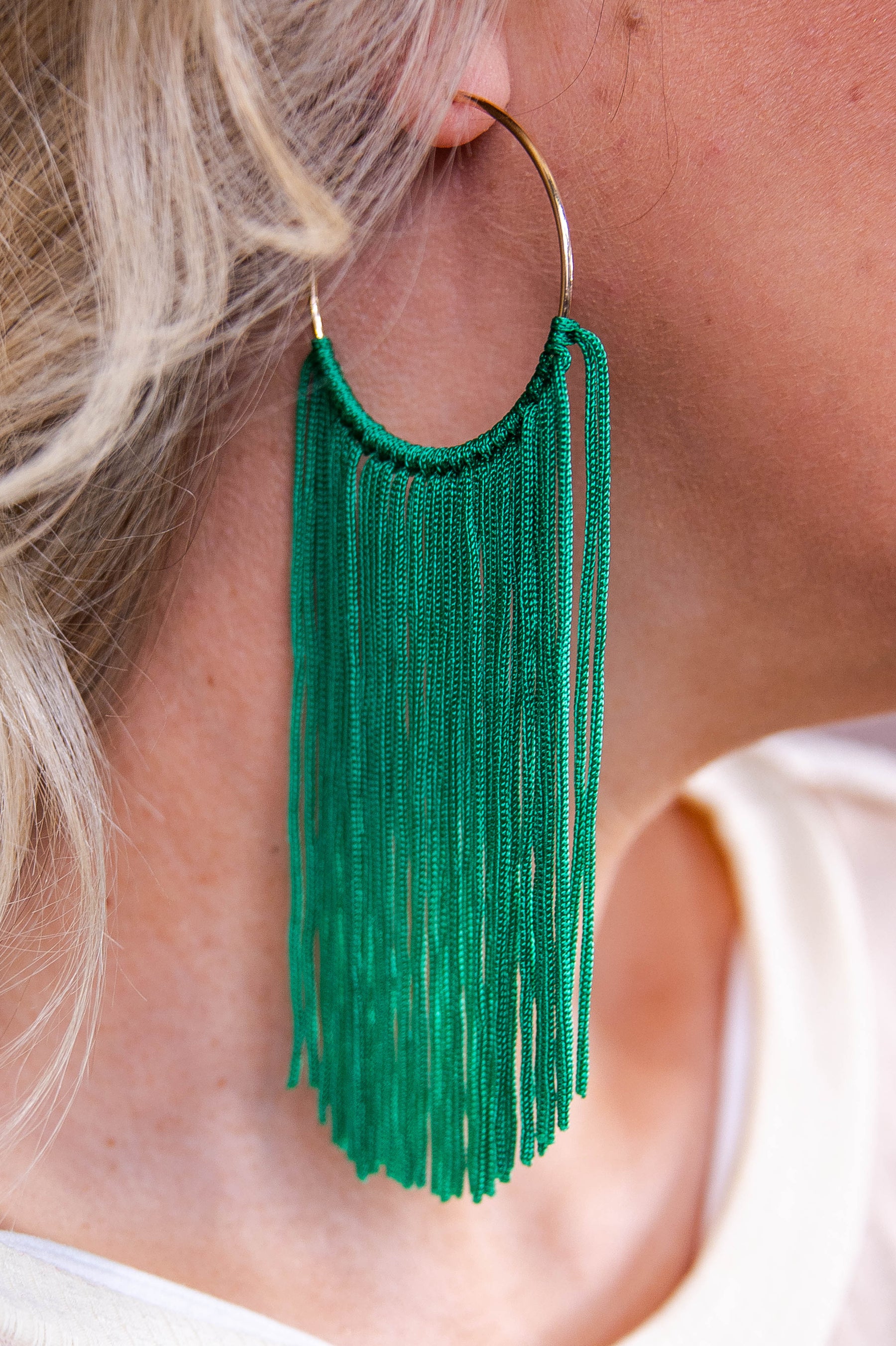 Long Green Tassel Gold Hoop Earrings - EAR4366GN