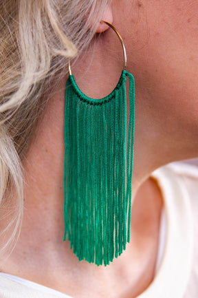 Long Green Tassel Gold Hoop Earrings - EAR4366GN