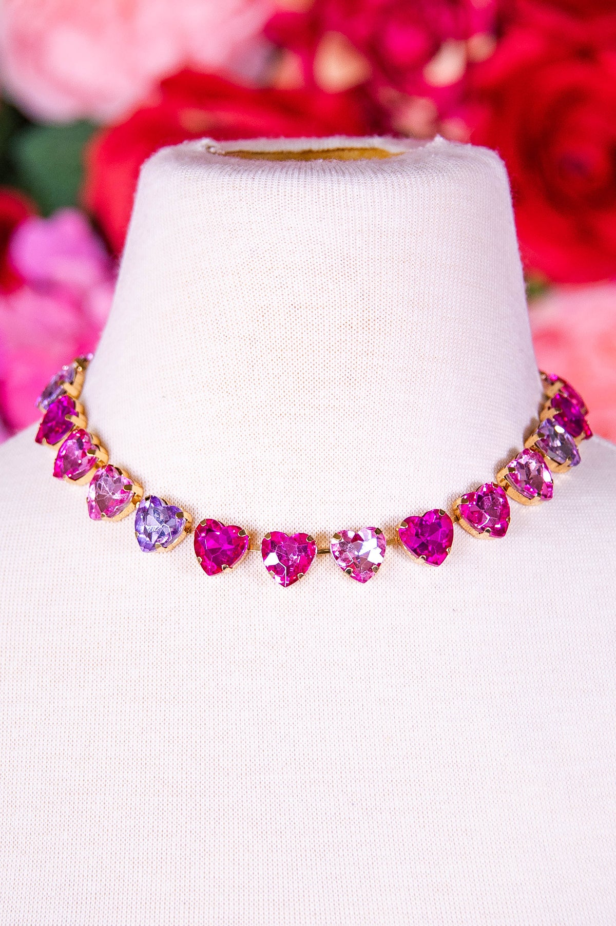 Pink Tone Heart Shaped Gems Necklace - NEK4388PK