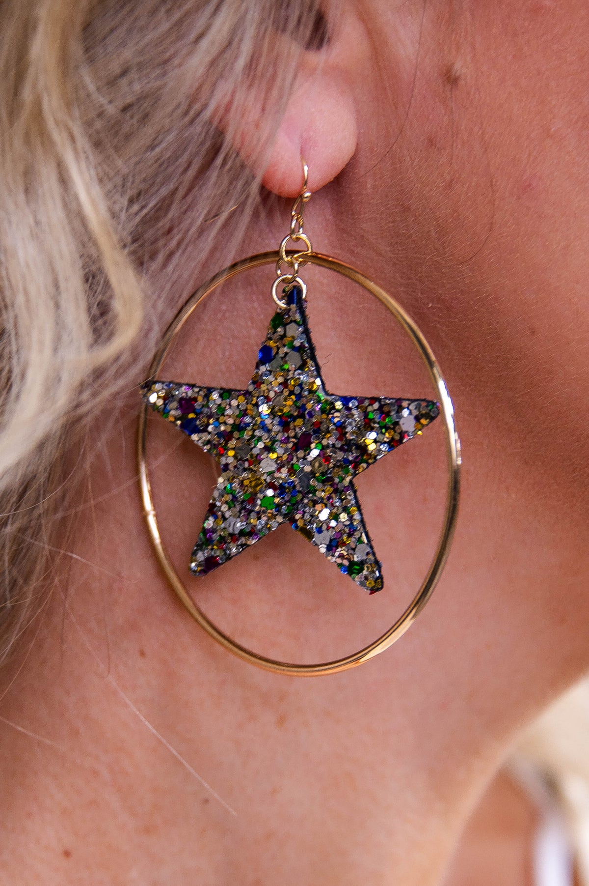 Multi Color Glitter Star Gold Hoop Earrings - EAR4364MU