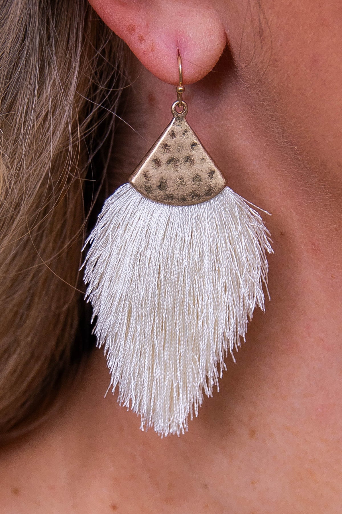 Ivory/Gold Hammered Fringe Tassel Earrings - EAR4345IV