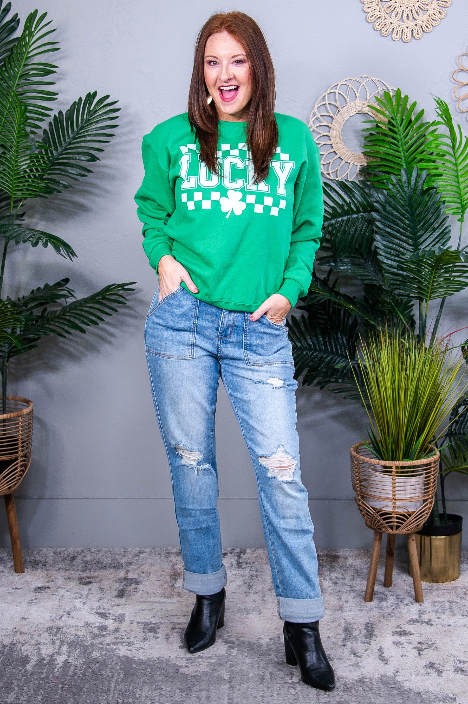 Lucky Kelly Green Checkered Graphic Sweatshirt - A3937KGN