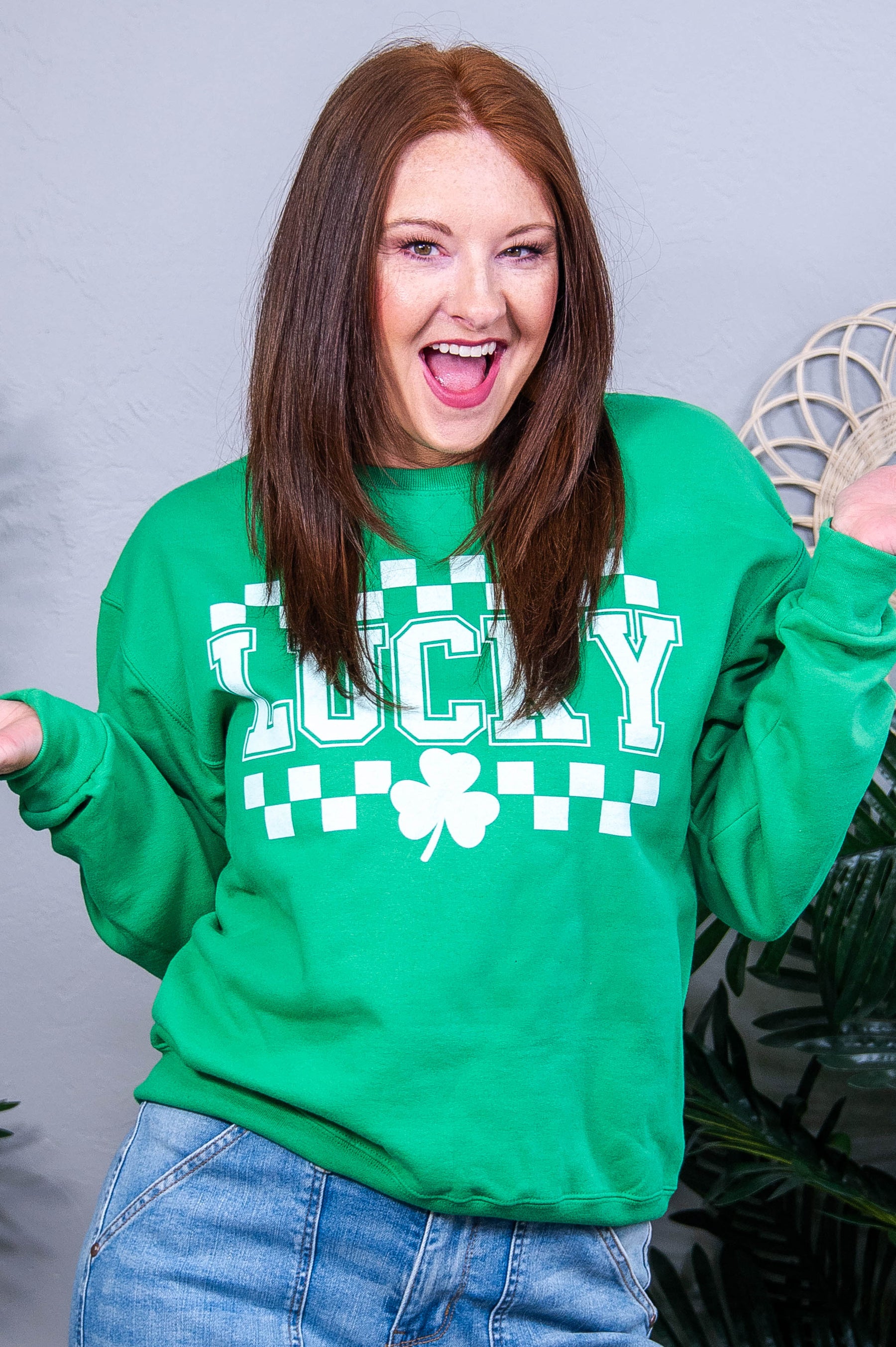 Lucky Kelly Green Checkered Graphic Sweatshirt - A3937KGN