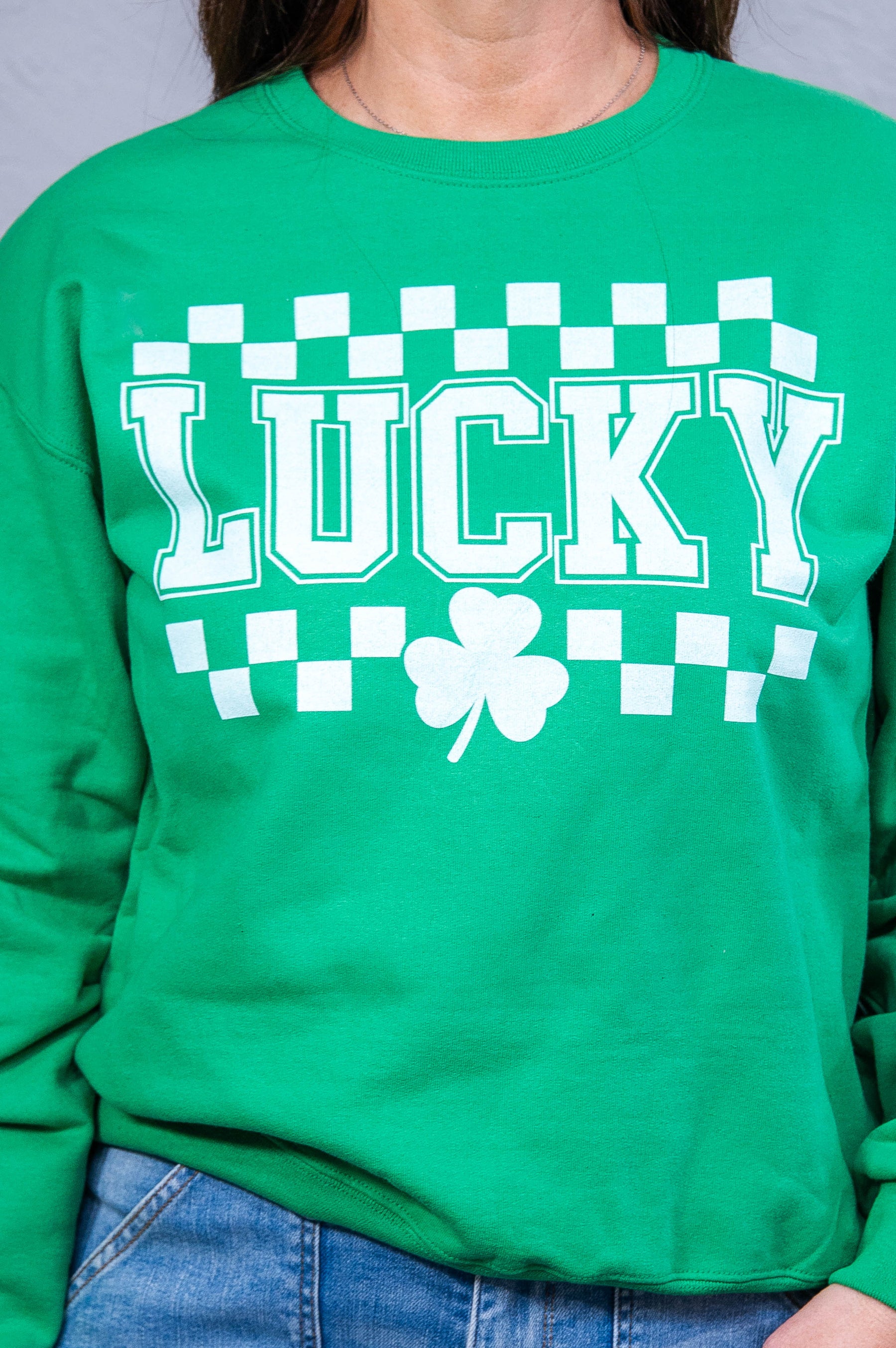 Lucky Kelly Green Checkered Graphic Sweatshirt - A3937KGN