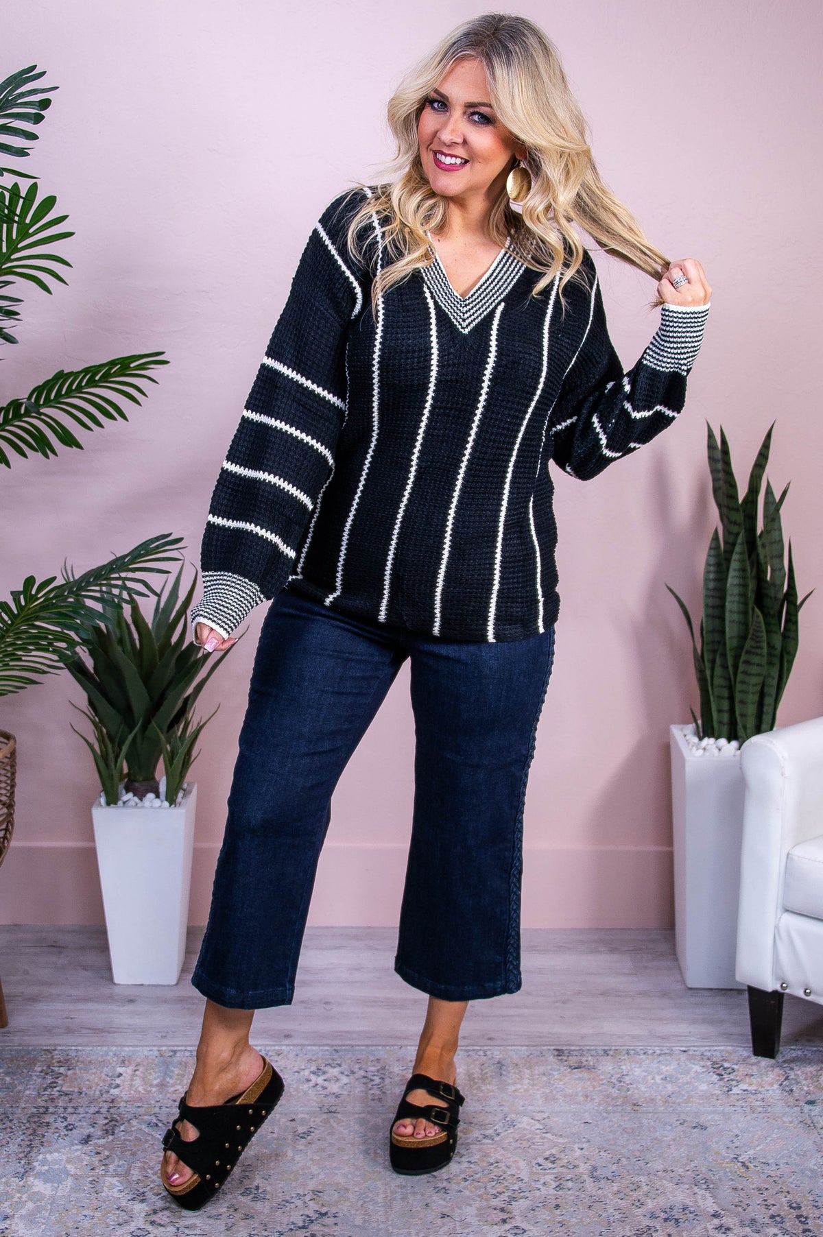 Bringing Perfection Black/White Striped Knitted Sweater - T10320BK